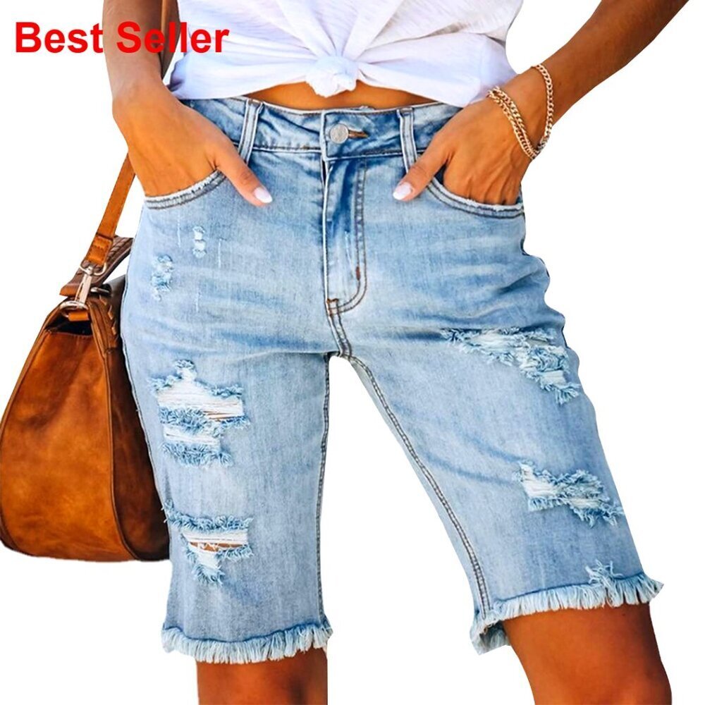 High Waisted Denim Bermuda Shorts Ripped Distressed Knee Length Stretch